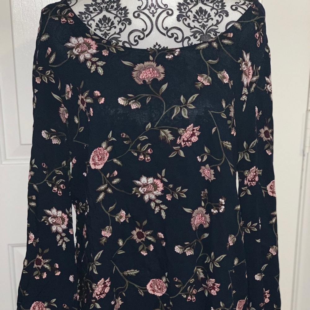 Navy blue Bell sleeve top w crisscross back detail